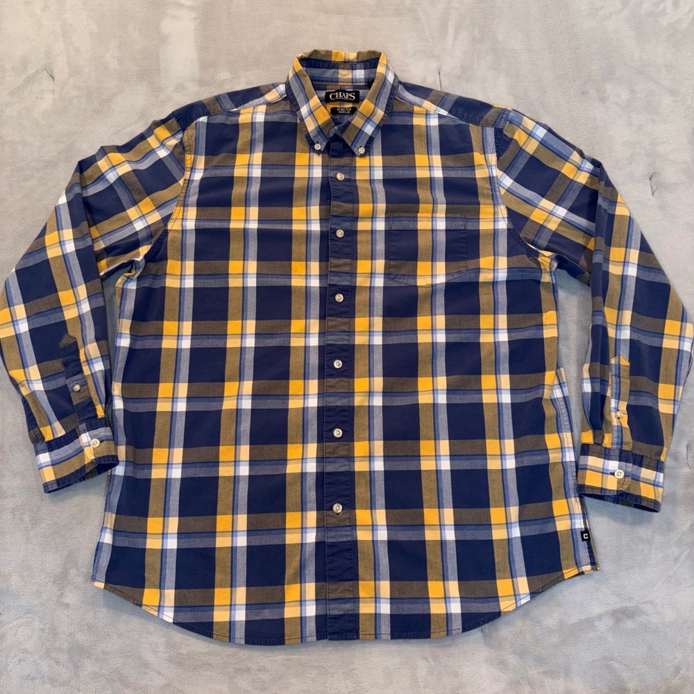 Chaps Mens XL Blue Yellow Plaid Stretch Poplin Long‎ Sleeve Button Down Shirt
